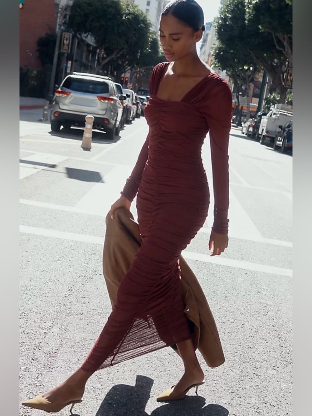 NWT By Anthropologie Long-Sleeve Ruched Slim Midi Dress  Burgundy Size Medium